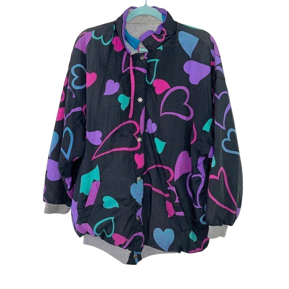Vintage Womens Jacket One Size Reversible Knit Nylon Hearts Knit Black Purple